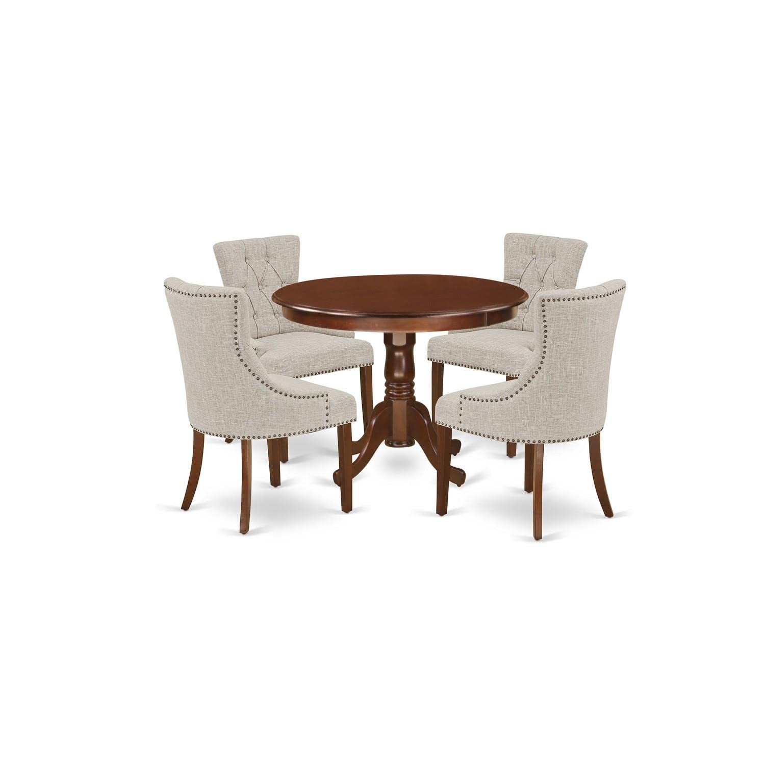 East West Furniture Hlfr5-Mah-05 5 Piece Kitchen Table Set For 4 Includes A Round Dining Room Table With Pedestal And 4 Doeskin Linen Fabric Upholstered Chairs, 42X42 Inch, Mahogany